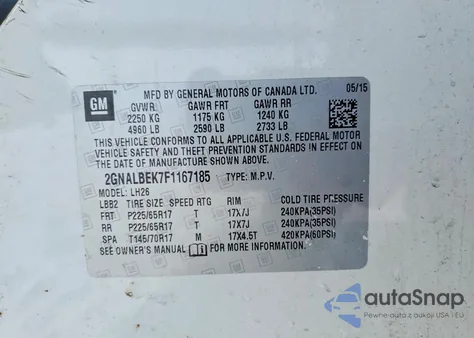 2015 Chevrolet Equinox Lt z USA, uszkodzony, nr VIN 2GNALBEK7F1167185